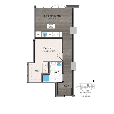 Floor plan for 1 bed, 1 bath, 634 sqft