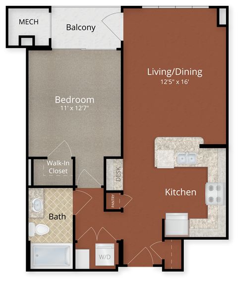 Floor plan for 1 bed, 1 bath, 673 sqft