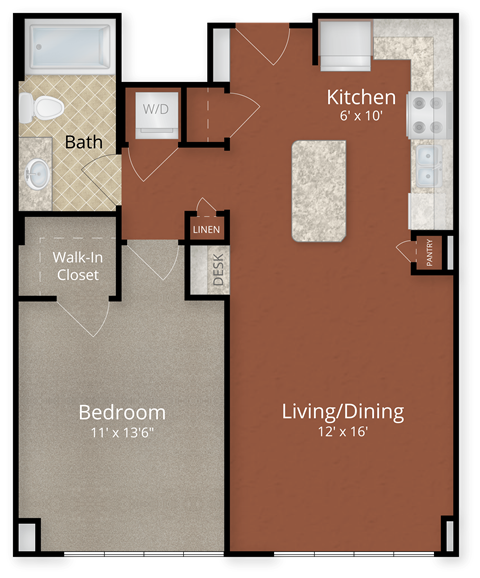 Floor plan for 1 bed, 1 bath, 686 sqft