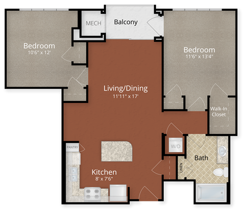 Floor plan for 2 beds, 1 bath, 901 sqft