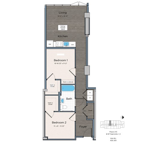 Floor plan for 2 beds, 1 bath, 771 sqft