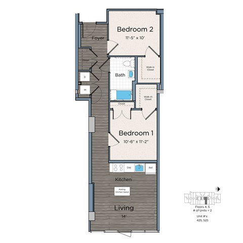 Floor plan for 2 beds, 1 bath, 825 sqft