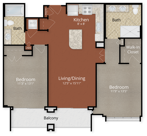 Floor plan for 2 beds, 1 bath