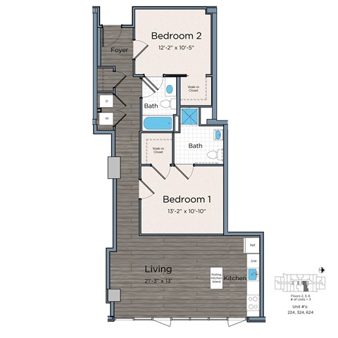 Floor plan for 2 beds, 2 baths, 1002 sqft