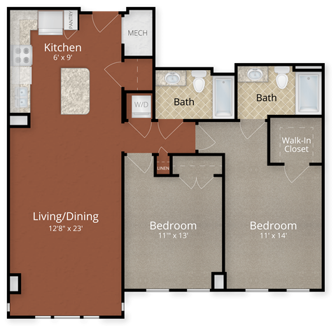 Floor plan for 2 beds, 1 bath