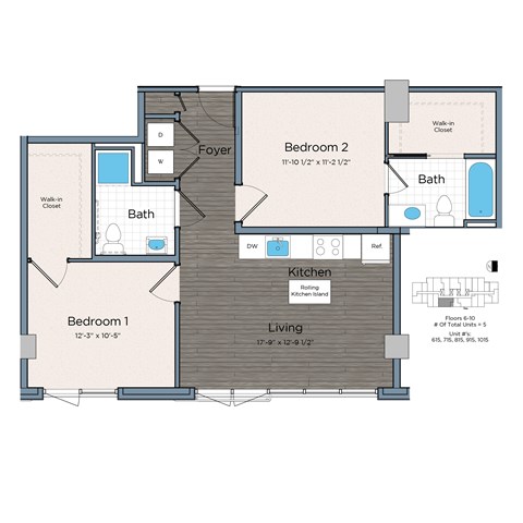 Floor plan for 2 beds, 2 baths, 825 sqft
