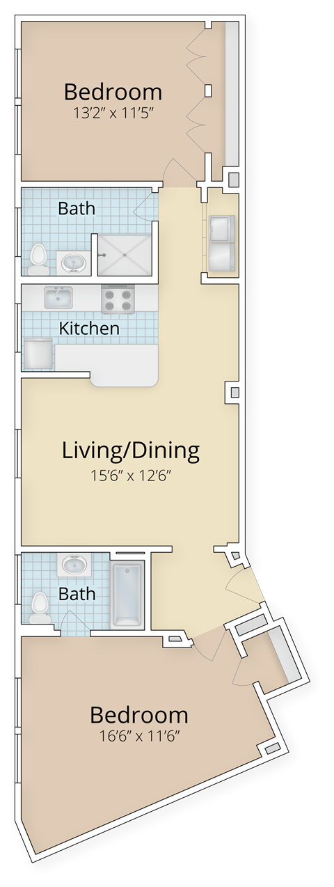 Floor plan for 2 beds, 2 baths, 1023 sqft