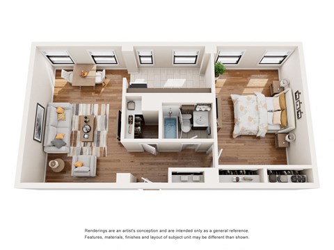 Floor plan for 1 bed, 1 bath, 736 sqft
