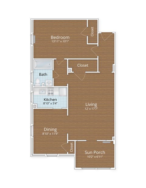 Floor plan for 1 bed, 1 bath, 853 sqft