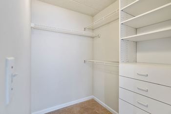Walk-in closet with shelving and drawers