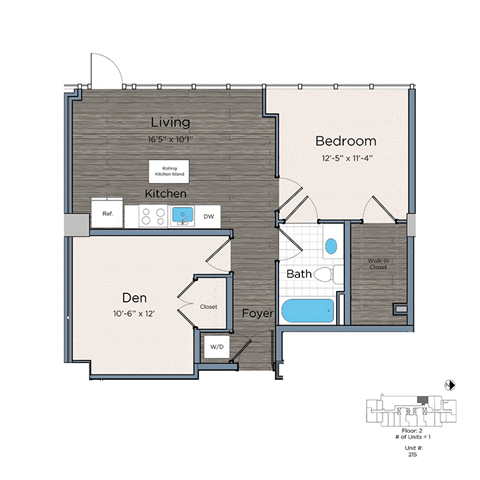 Floor plan for 1 bed, 1 bath, 870 sqft