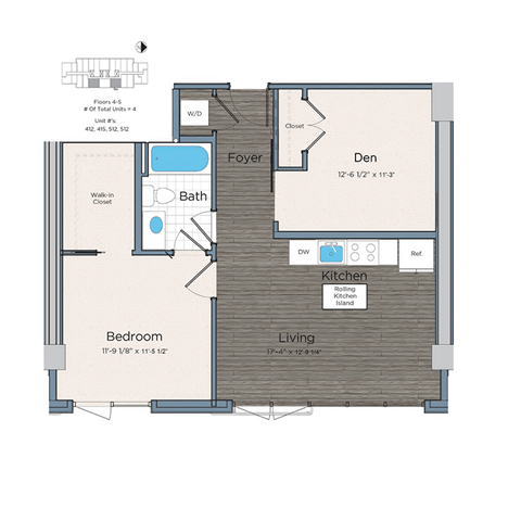 Floor plan for 1 bed, 1 bath, 865 sqft