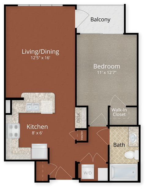 Floor plan for 1 bed, 1 bath, 671 sqft