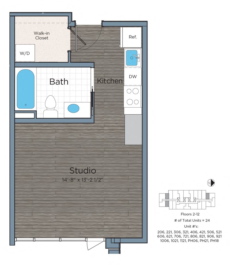 Floor plan for studio, 1 bath, 406 sqft