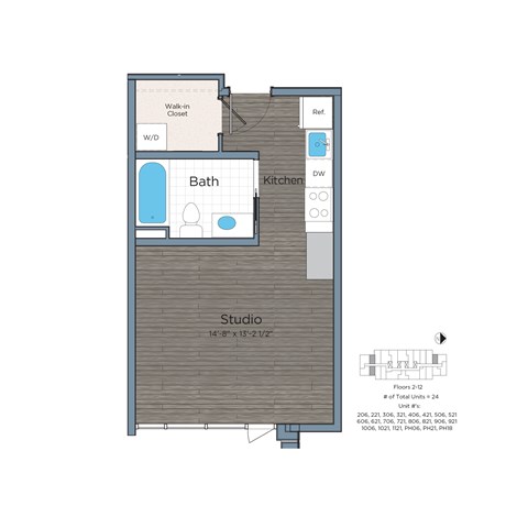 Floor plan for studio, 1 bath, 395 sqft