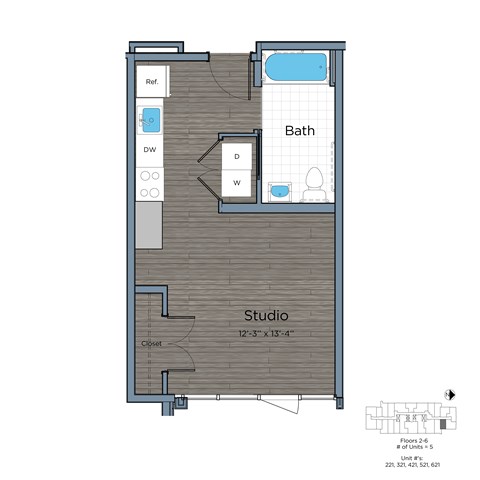 Floor plan for studio, 1 bath, 398 sqft