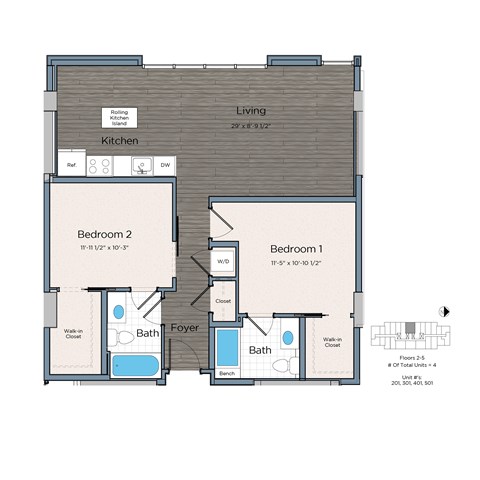 Floor plan for 2 beds, 2 baths, 991 sqft