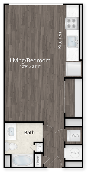 Floor plan for studio, 1 bath, 623 sqft