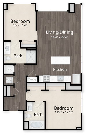Floor plan for 2 beds, 2 baths, 979 sqft