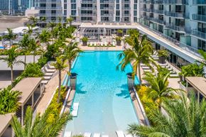 Miami apartment for rent - A large swimming pool surrounded by palm trees and lounge chairs.