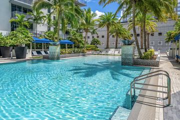 Miami apartment for rent - A pool surrounded by palm trees and plants.