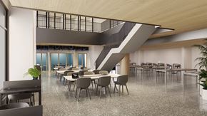 Jersey City apartment for rent - a rendering of a large dining room with tables and chairs
