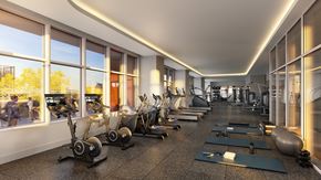 Jersey City apartment for rent - a rendering of a gym with cardio equipment and windows