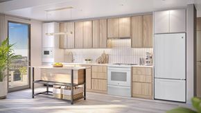 Jersey City apartment for rent - a rendering of a kitchen with wooden cabinets and white appliances