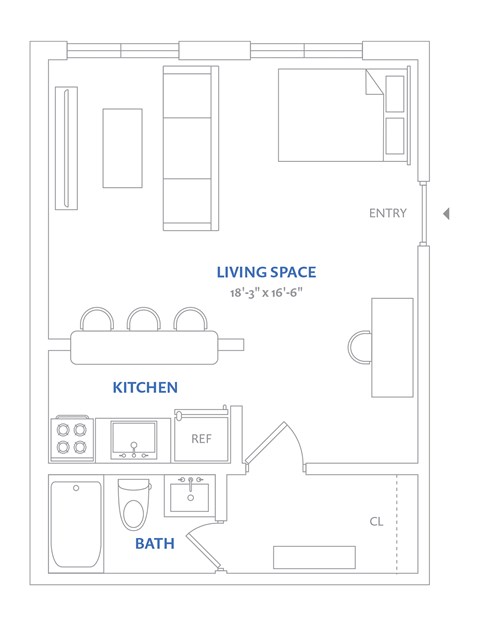 Floor plan for studio, 1 bath, 430 sqft