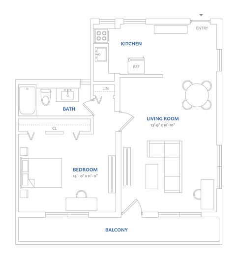 Floor plan for 1 bed, 1 bath, 591 sqft