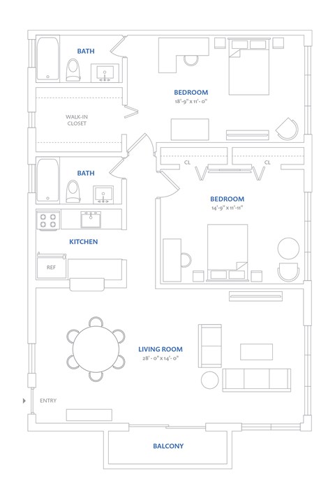 Floor plan for 2 beds, 2 baths, 698 sqft