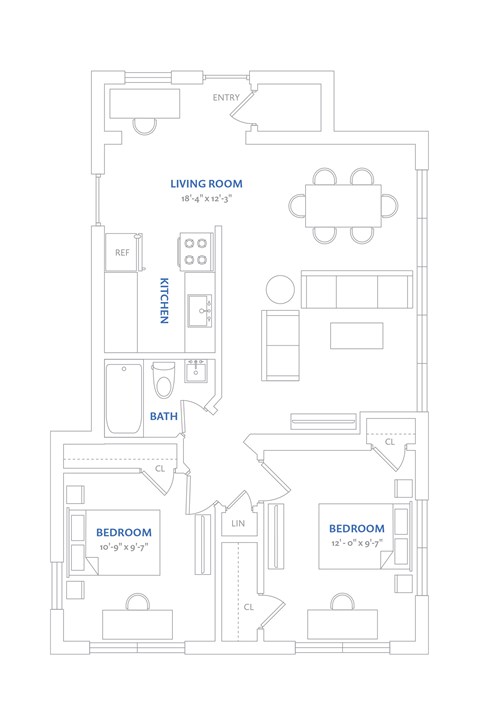 Floor plan for 2 beds, 1 bath, 750 sqft