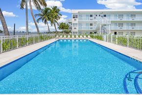 Miami apartment for rent - A swimming pool with a white fence and palm trees in the background.