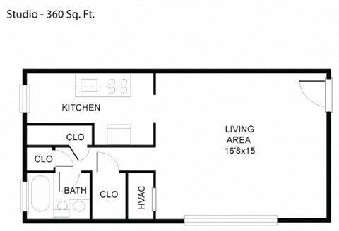 Floor plan for studio, 1 bath, 360 sqft