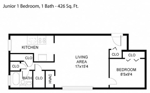 Floor plan for 1 bed, 1 bath, 426 sqft