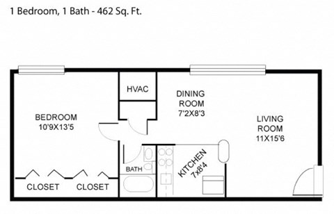 Floor plan for 1 bed, 1 bath, 462 sqft