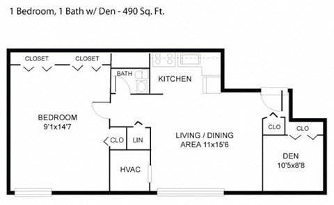Floor plan for 1 bed, 1 bath, 490 sqft