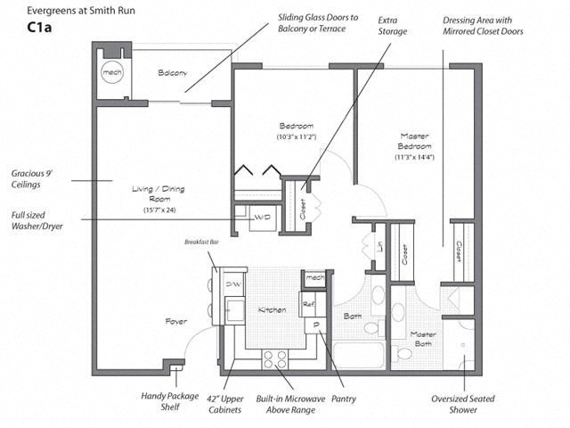 Floor plan for 2 beds, 2 baths, 1087 sqft