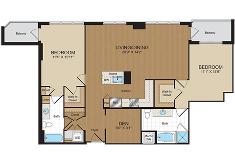 Floor plan for 2 beds, 2 baths, 1297 sqft