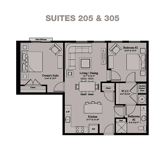 Floor plan for 2 beds, 1 bath, 1001 sqft