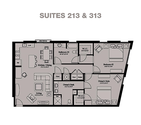 Floor plan for 2 beds, 2 baths, 1292 sqft
