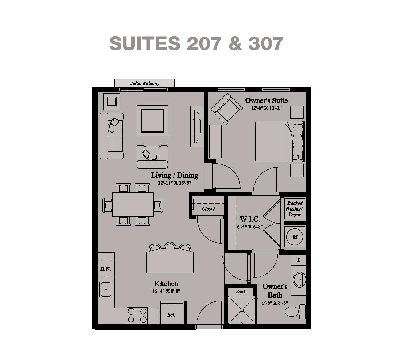 Floor plan for 1 bed, 1 bath, 767 sqft