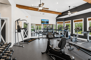 Kansas City apartment for rent - A gym with a variety of equipment including treadmills, stationary bikes, and weight machines.
