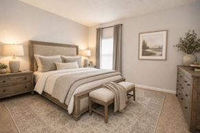Snellville apartment for rent - A bedroom with a large bed, a bench, and a painting on the wall.