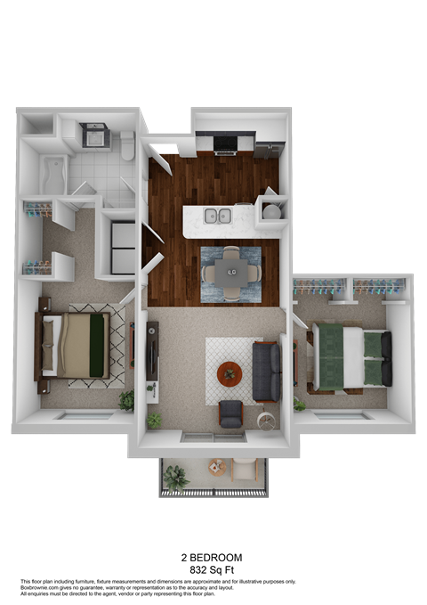 Floor plan for 2 beds, 1 bath, 832 sqft