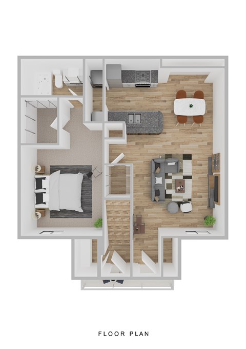 Floor plan for 1 bed, 1 bath, 744 sqft
