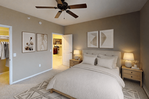 Sartell apartment for rent - Spacious bedroom with ceiling fan and neutral decor at The Ponds at Heritage Place Apartments, Sartell, MN