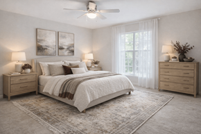 Jonesboro apartment for rent - A bedroom with a large bed, two nightstands, and a ceiling fan.
