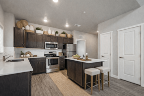 Meridian apartment for rent - A modern kitchen with dark wood cabinets and stainless steel appliances.