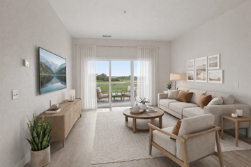 Prior Lake apartment for rent - A living room with a large window, a couch, a chair, a coffee table, and a painting on the wall.